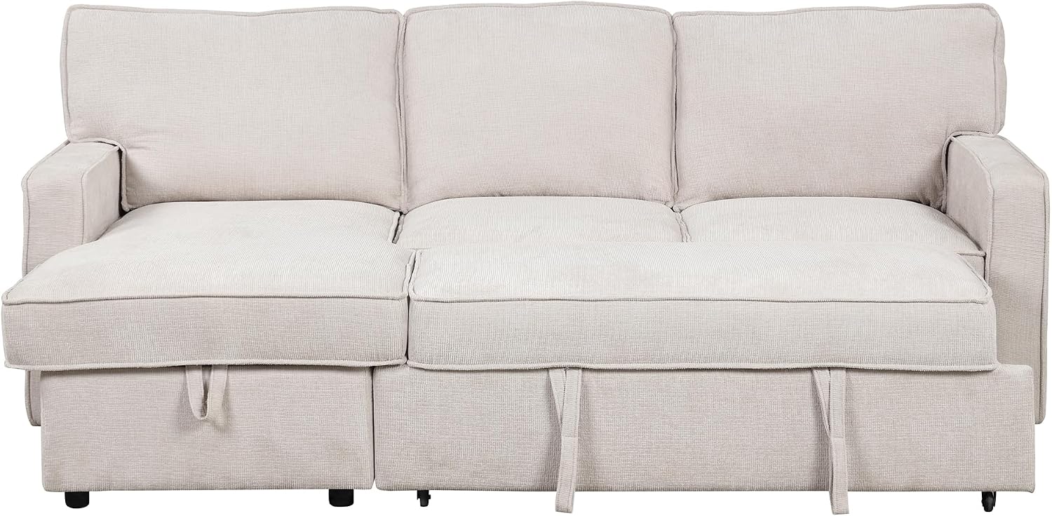 LUMISOL 89' Convertible Sleeper Sofa Bed, Modern L-Shaped Sectional Sofa Pull Out Couch with Chaise, Chenille Sofa Bed with Cup Holder, USB Ports for Living Room, Small Apartment, Beige