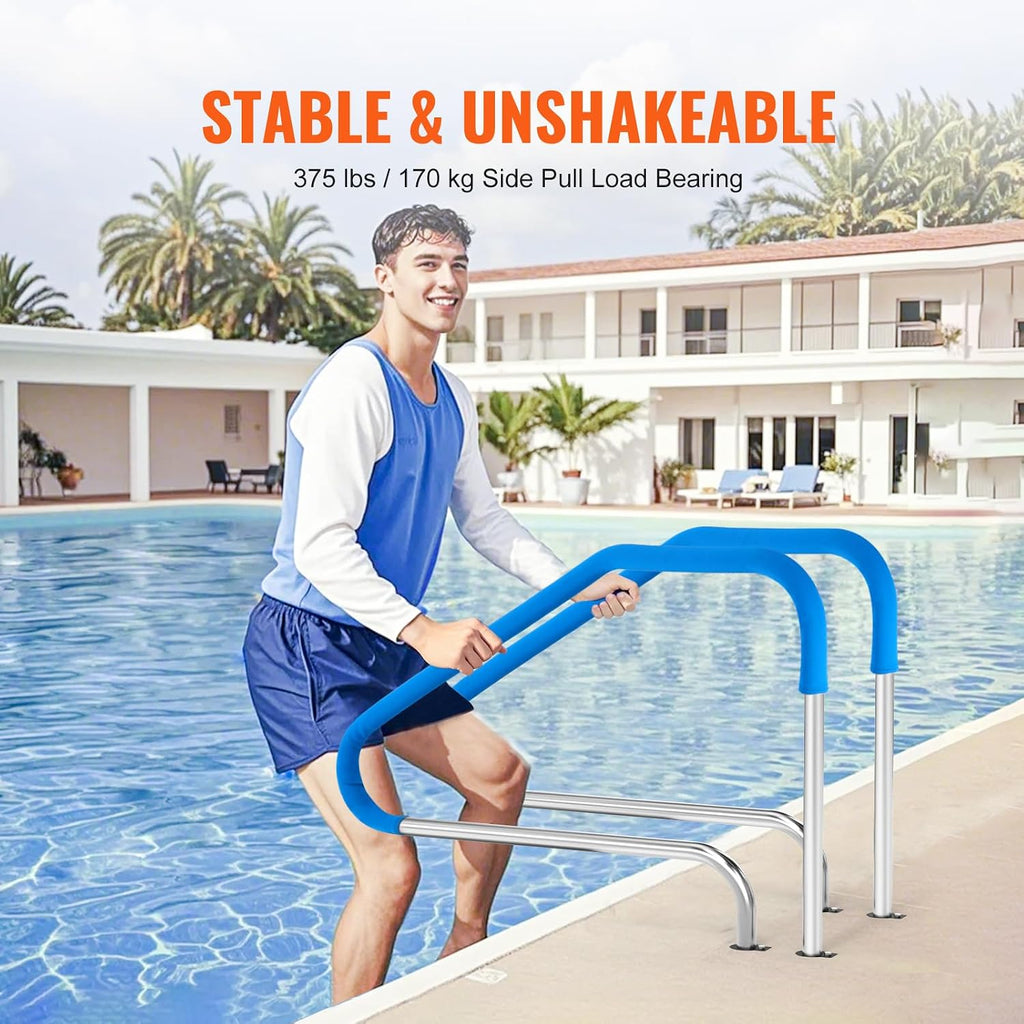 VEVOR Pool Handrail,46 x 37 inch Pool Railing, Stainless Steel (Pre-Built) for Indoor/Outdoor Pools,Swimming Pool Railing for Decks,Rust-Proof Grab Bar with Blue Grip Cover&Accessories for Spas