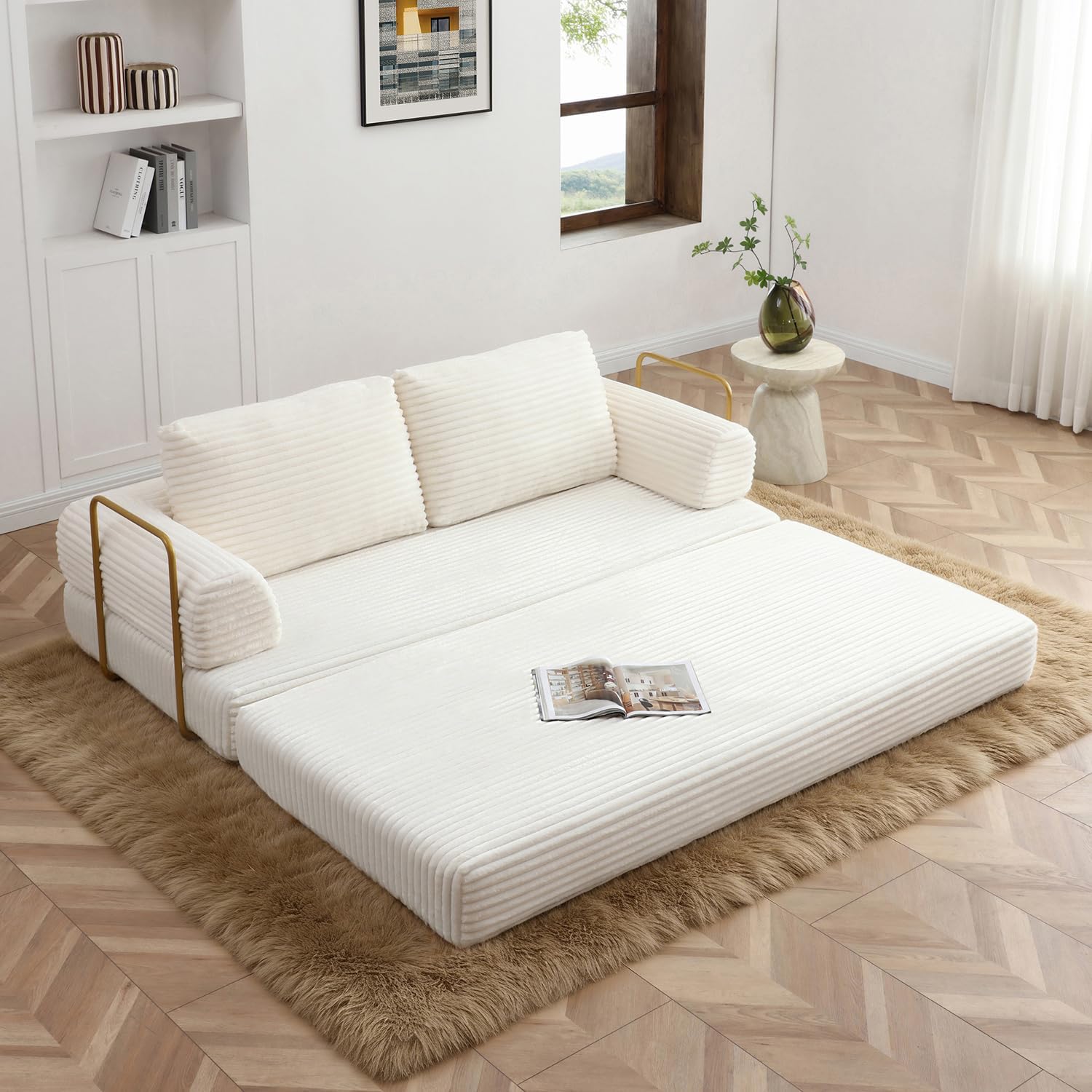 HANXIN 80 Inch Convertible Sleeper Sofa Bed, High Back Plush Corduroy Folding Floor Mattress Couch with Fixed-Shape Frame, Boneless Futon Loveseat with Pull Out Bed, No Assembly Required (Beige)