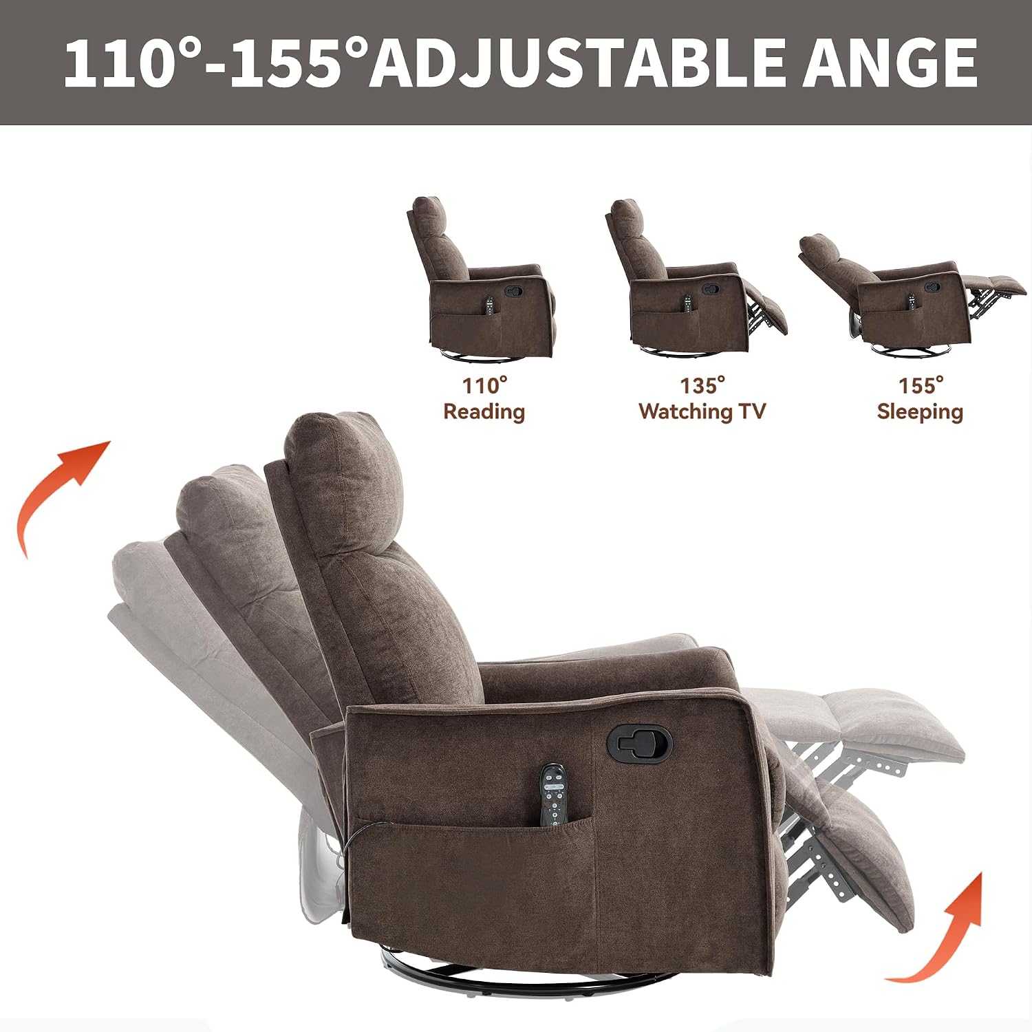 Massage Chair Recliner with Heat, 360° Swivel Glider Rocker with Reclining Backrest and Footrest, Manual Lazy Boy Recliners for Adults, Modern Nursery Rocking Chairs (Brown)
