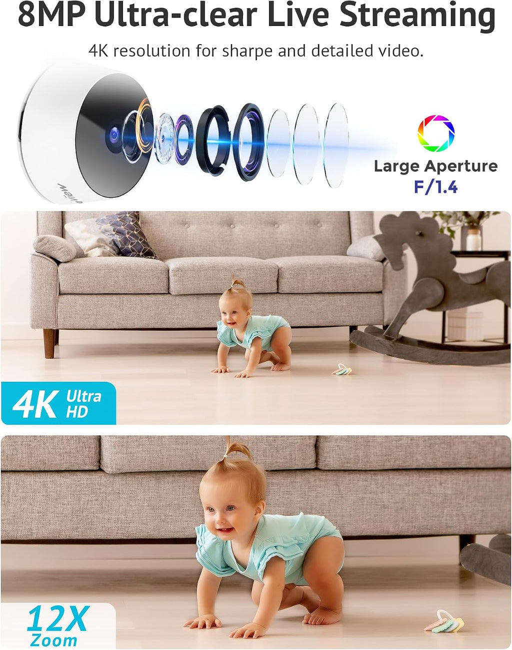 LaView 8MP 4K Cameras for Home Security Indoor,Home Security Camera for Baby/Elder/Pet/Nanny,Baby Cam Starlight Sensor Color Night Vision,US Cloud Service,Compatible with Alexa