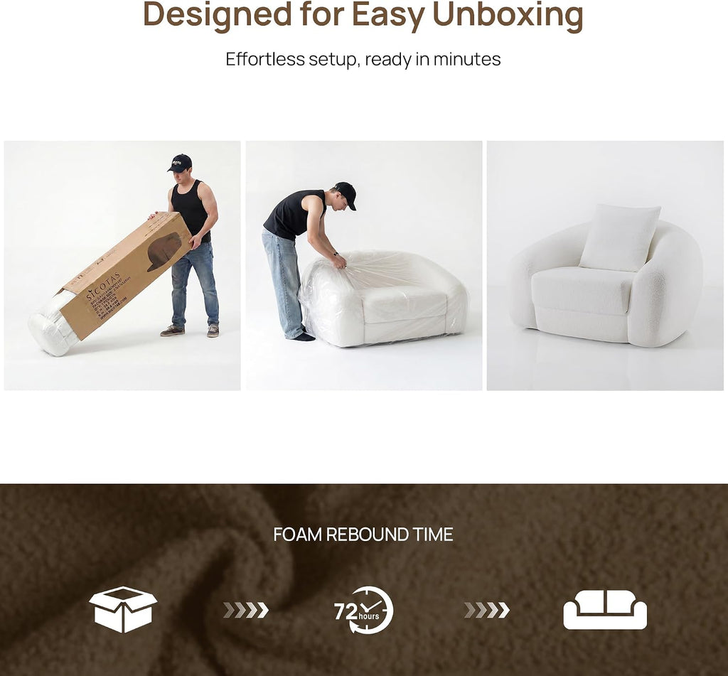 SICOTAS 49.9' Curved Convertible Sofa Couch Bed for Living Room Futon Cloud Boneless Sleeper Chair Pull Out Floor Couch with Deep Seat Single Sofa Foam Lounger No Assembly for Bedroom Apartment, White