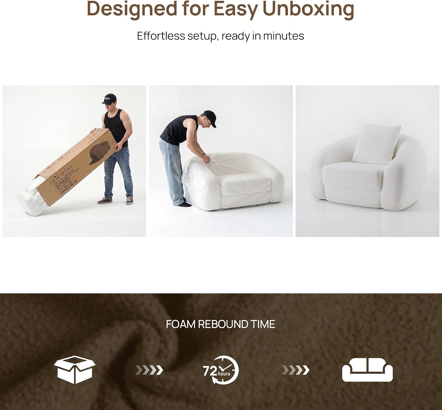 SICOTAS 49.9' Curved Convertible Sofa Couch Bed for Living Room Futon Cloud Boneless Sleeper Chair Pull Out Floor Couch with Deep Seat Single Sofa Foam Lounger No Assembly for Bedroom Apartment, White