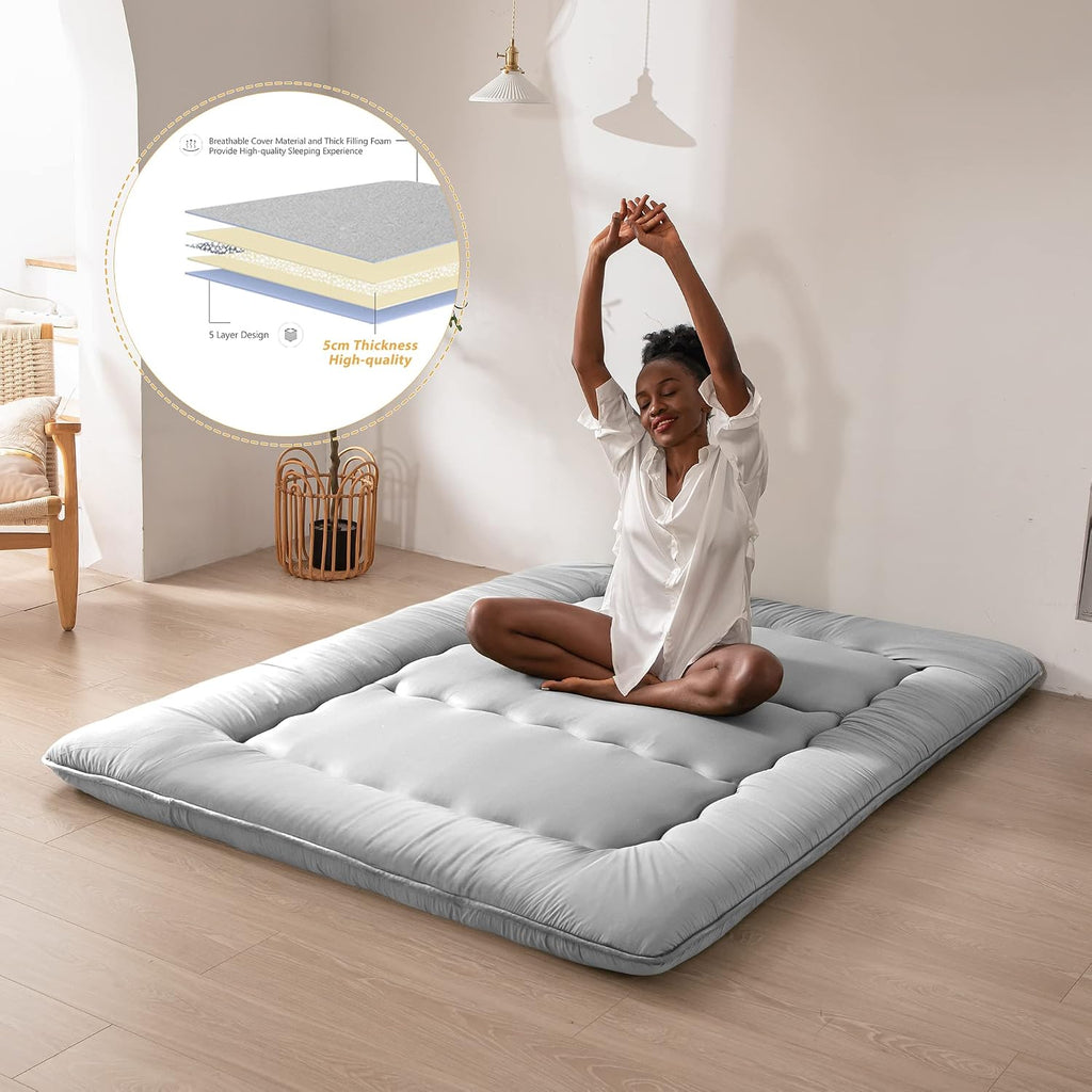 MAXYOYO Japanese Floor Mattress Futon Mattress, Thicken Tatami Mat Sleeping Pad Foldable Roll Up Mattress Boys Girls Dormitory Mattress Pad Kids Floor Couches and Sofas, Grey, King
