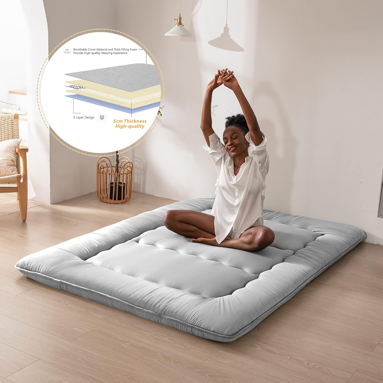 MAXYOYO Japanese Floor Mattress Futon Mattress, Thicken Tatami Mat Sleeping Pad Foldable Roll Up Mattress Boys Girls Dormitory Mattress Pad Kids Floor Couches and Sofas, Grey, King