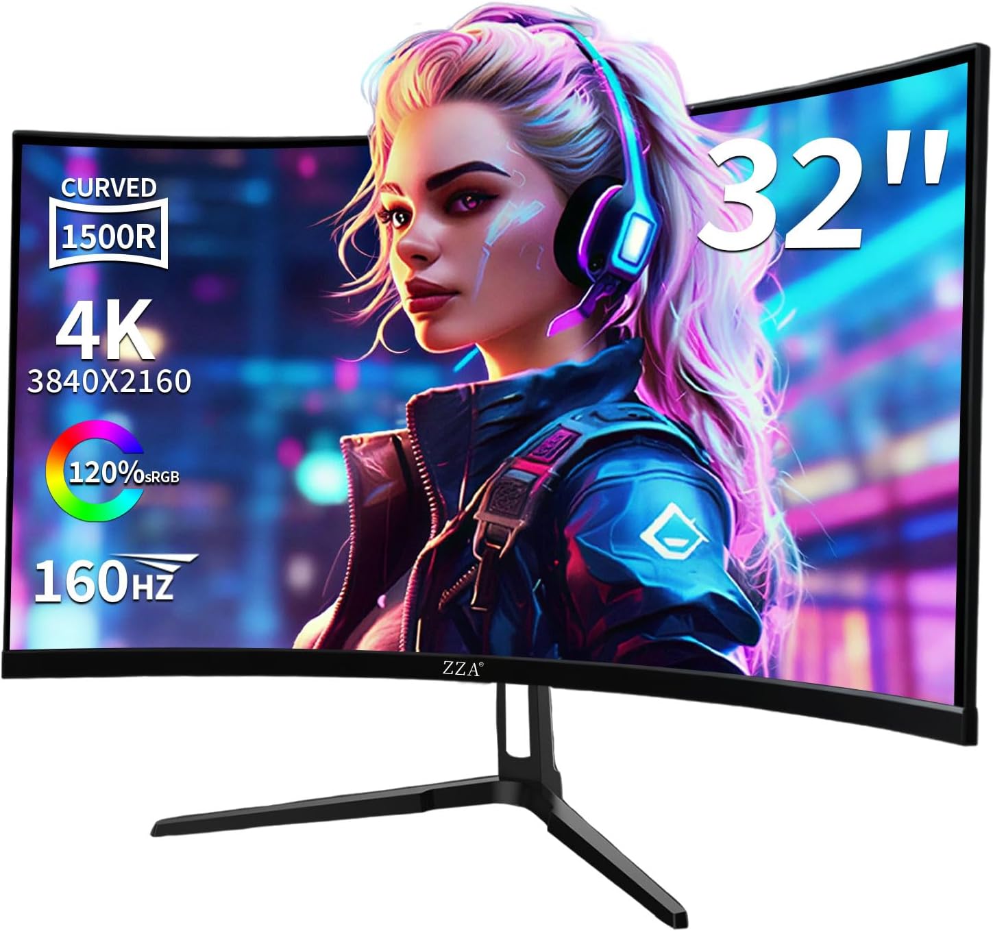ZZA 32 Inch 4K Curved Gaming Monitor 160Hz Computer Moniter UHD 3840x2160P 1500R Curved VA Screen, Supports AMD Freesync, 120% sRGB HDR10, Wall Mountable Installs, wiht HDMI 2.1 * 2/DP 1.4 * 2, Black