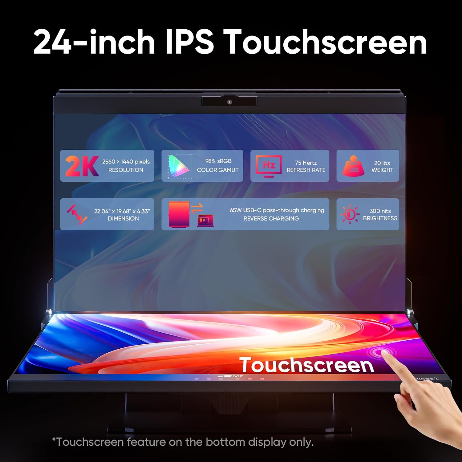 MP Mobile Pixels Geminos X (2 x 24 inch) Dual Stacked Computer Monitor, All-Inclusive Workstation, 65W USB-C Charging 2K Bottom Touchscreen, 1080P Webcam&Speakers, USB-A/USB-C/HDMI, Ergo Design