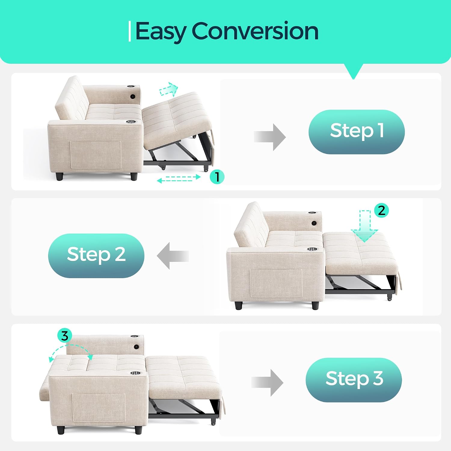 LINSY 3-in-1 Convertible Sofa Bed, 54' Pull Out Sleeper Sofa with Charging Station & Cup Holder, Small Folding Loveseat with Side Pocket for Small Space, Corduroy Couch, Beige