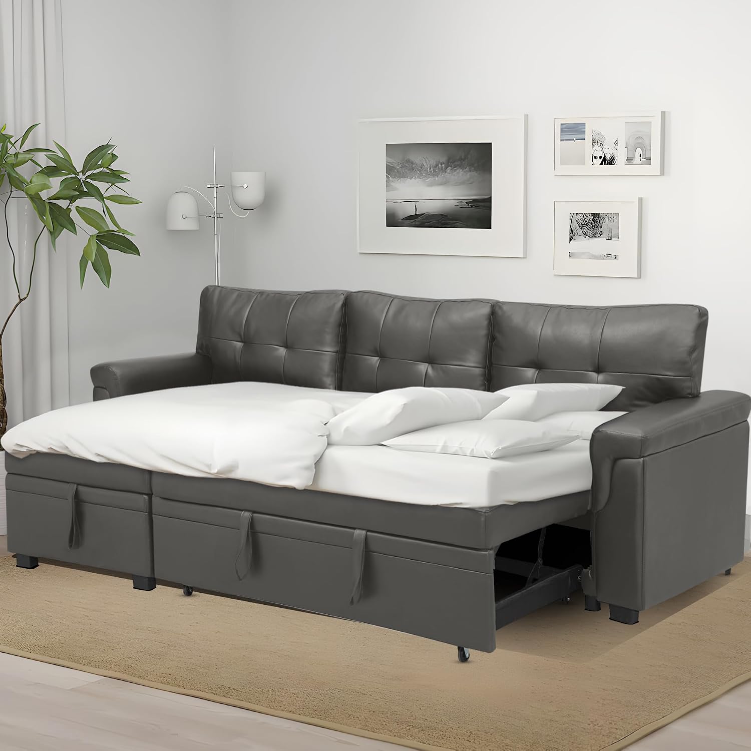 Naomi Home L Shaped Sectional Couch with Storage & Pull Out Bed – 3-in-1 Convertible Sleeper Sofa Bed, Small L Shape Sofa for Living Room, Sofa Bed with Storage Chaise in Gray, Air Leather