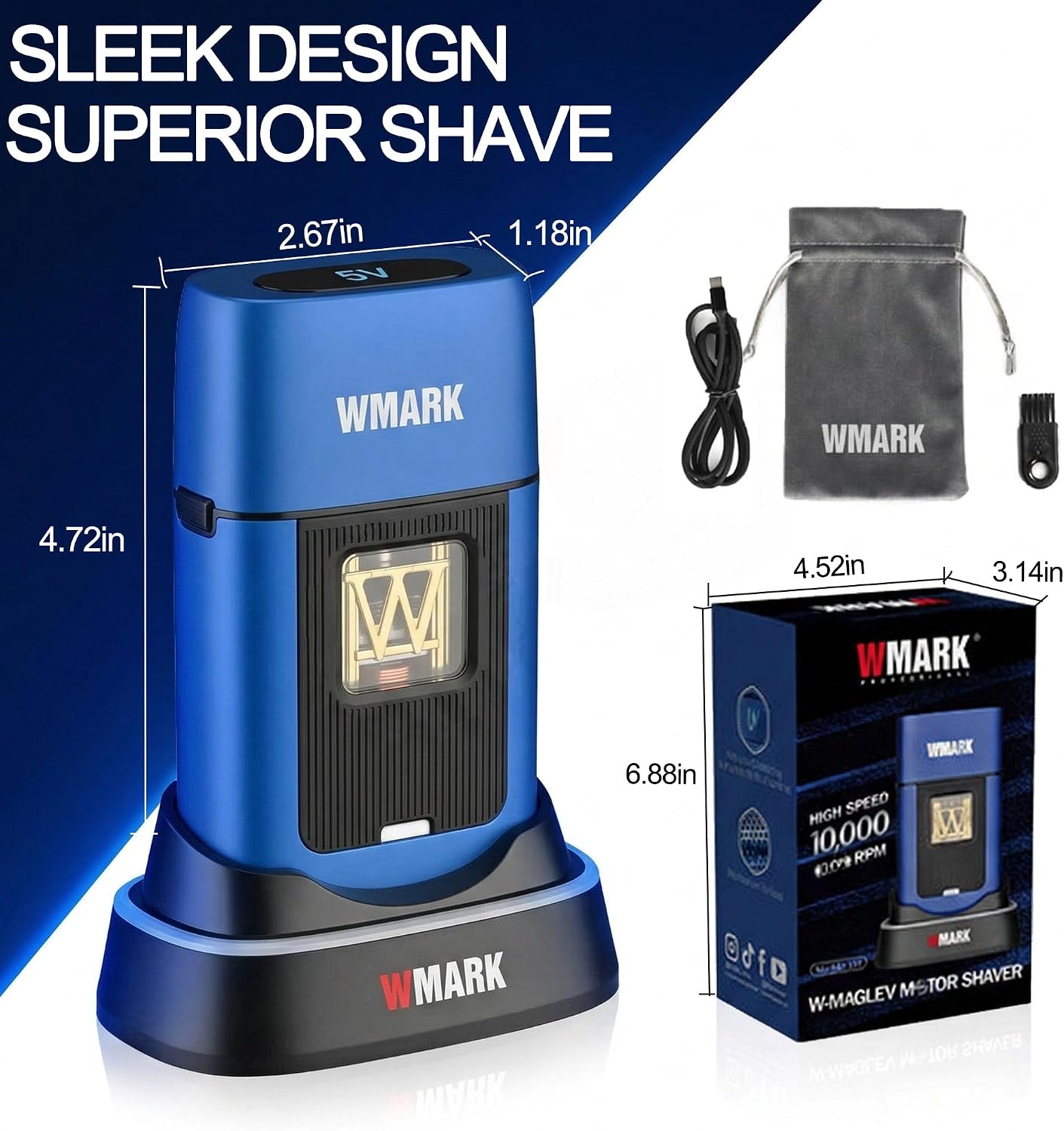 WMARK Electric Foil Shavers for Men Electric Razor for Men Cordless Beard Shaver with UV Protection, Maglev Vector Motor 10000RPM, Blue-Titanium 3-Blade Floating, USB-C Rechargeable NG-XS1 UV