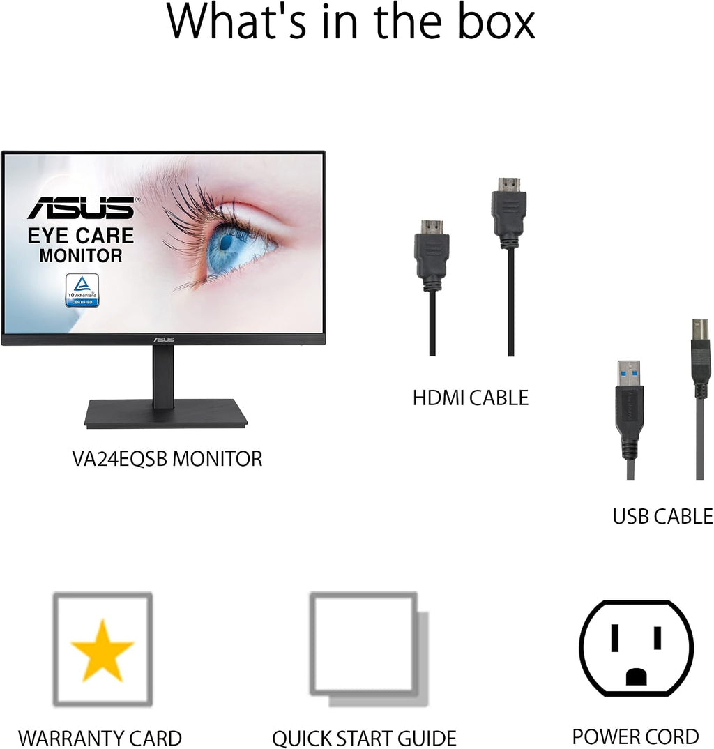 ASUS 24' 1080P Monitor (VA24EQSB) - Full HD, IPS, 75Hz, Built-in Speakers, Eye Care, Low Blue Light, Flicker Free, VESA Mountable, Height Adjustment, Frameless, DisplayPort, HDMI, VGA, USB Hub,Black