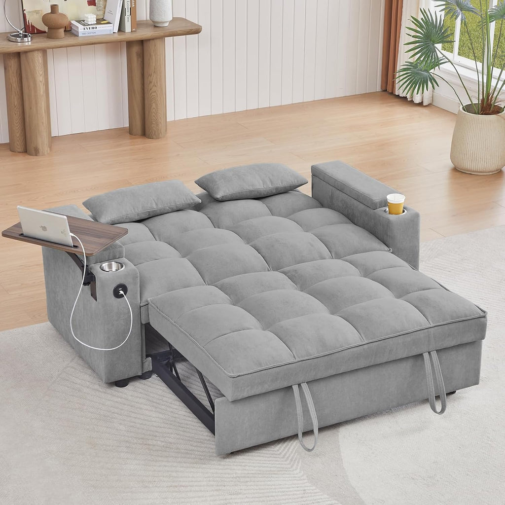 Auvsoce 65'' Convertible Sleeper Sofa Bed with Adjustable Backrest, Chaise Lounge, Side Table & USB/Type-C Ports – Stylish & Functional Addition to Any Living Room (Light Grey)