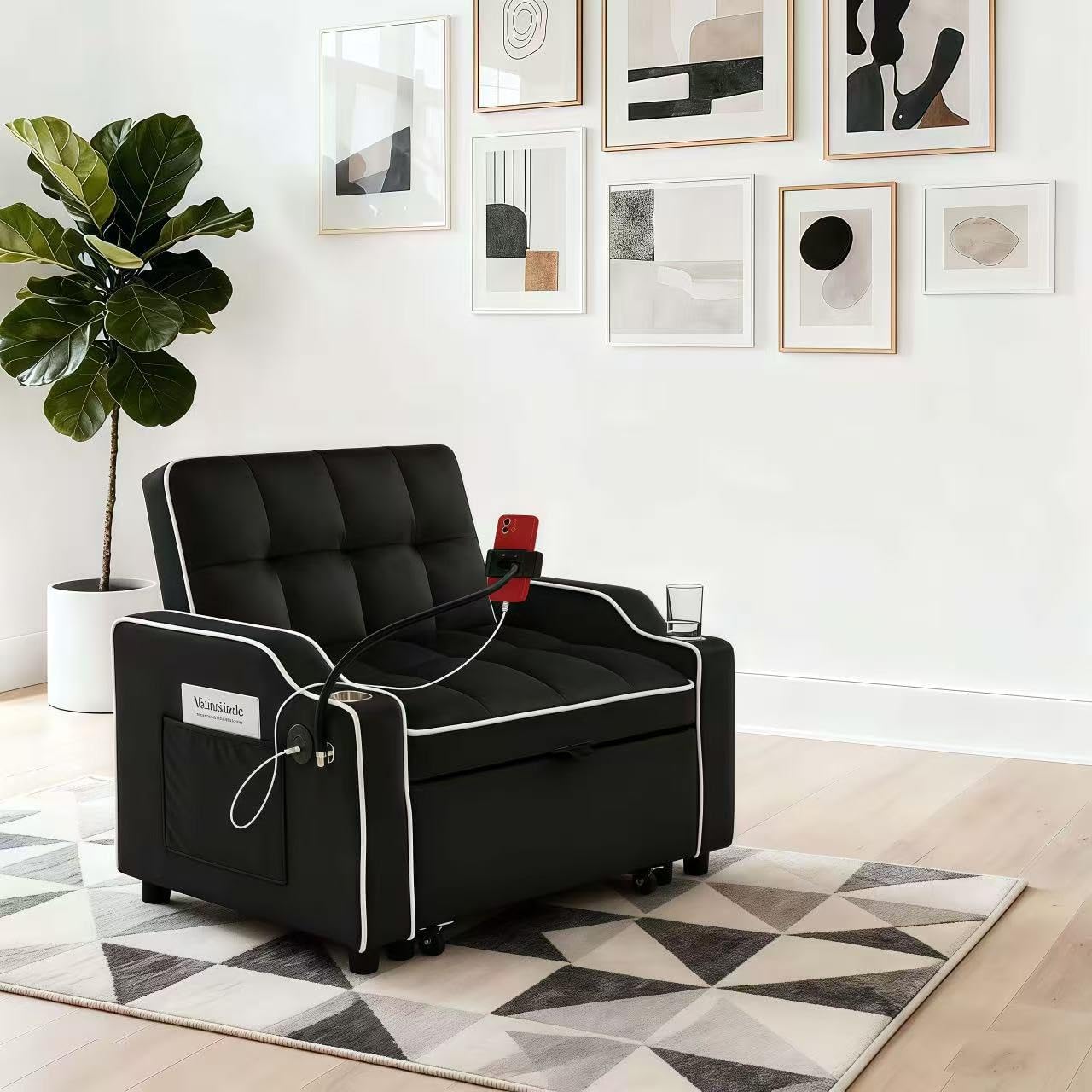 Convertible Armchair Sofa Bed with USB Port & Phone Holder, Pull-Out Single Chair Bed Sleeper for Small Spaces, Modern Upholstered Recliner Chair (Black)