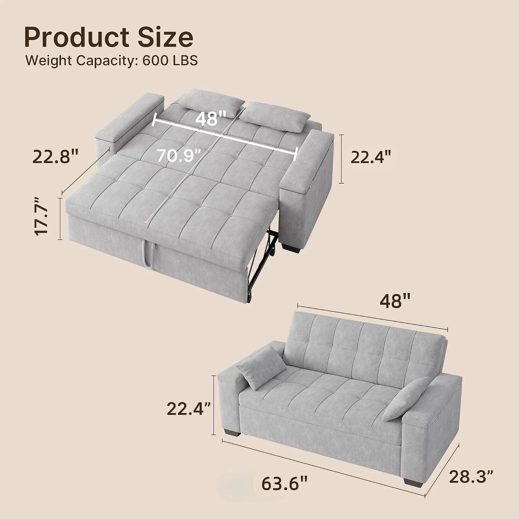 Gizoon Convertible Sofa Bed Futon, 70.9'' Sleeper Loveseat with Pull Out Couch, 3 in 1 Plush Fleece Fabric Futon Couch with Side Pockets, Storage Armrest & Adjustable Backrest for Living Room, Grey