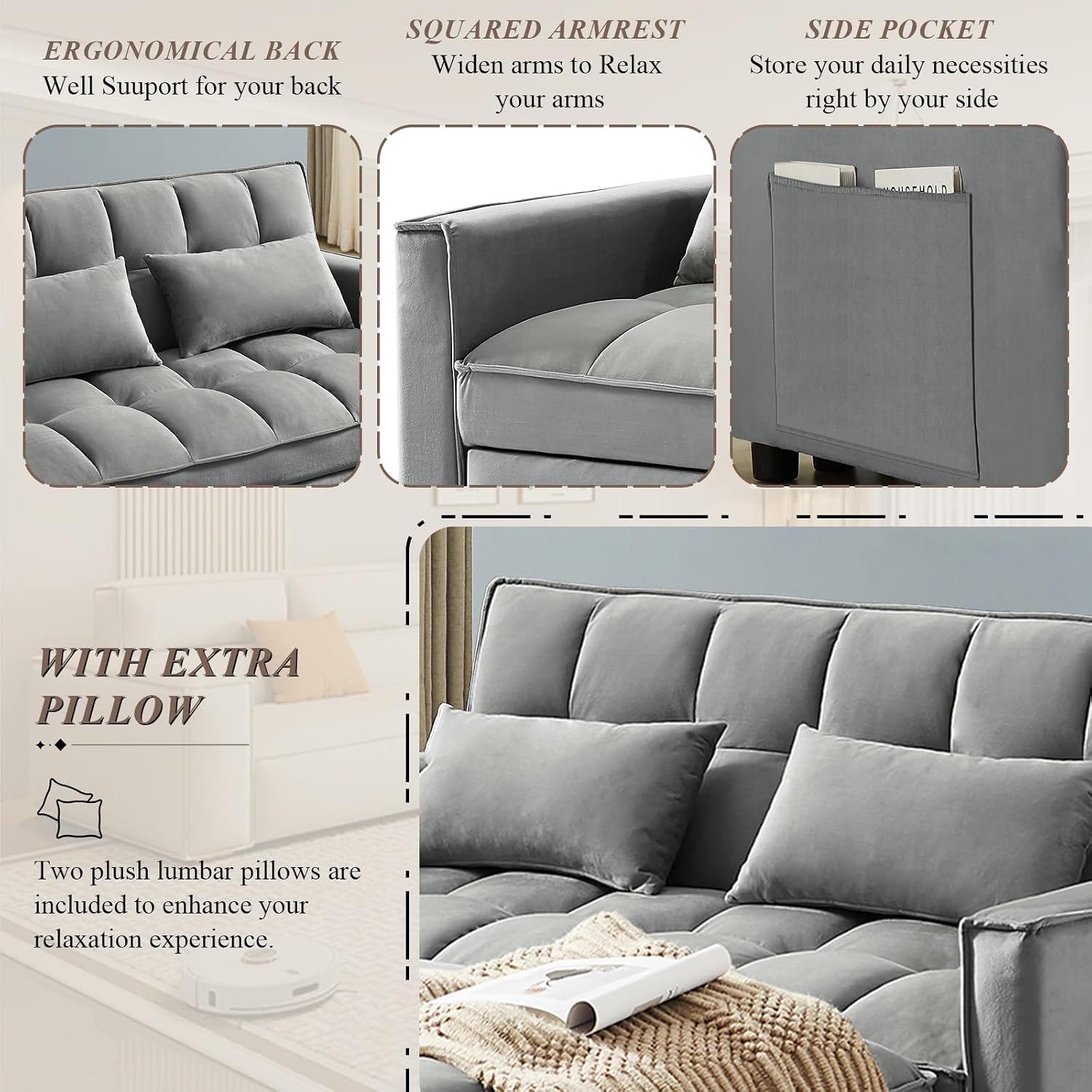 3 in 1 Convertible Sleeper Sofa Bed, Futon Couches for Living Room with Side Pocket/Adjustable Backrest, Velvet Upholstered Pull Out Couch, Small Loveseat Sofa Bed for Bedroom Office Small Spaces