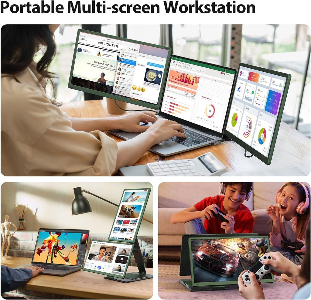 APILDELLA 15.6'' Triple Laptop Screen Extender Monitor Portable, DIY 1080P FHD Portable Dual Monitor with USB C HDMI, Plug-Play 360° Rotation Detachable Tri-Screen for Mac/Wins/Android/Dex