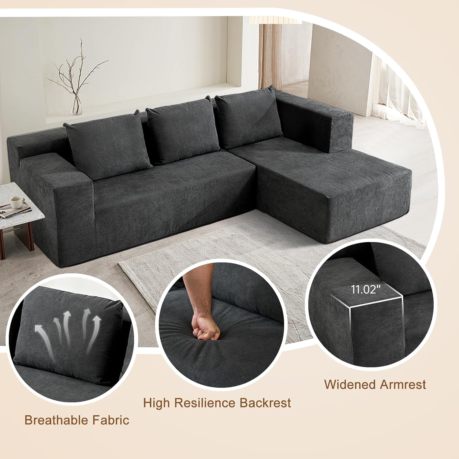 ANONER 103' Modular Sectional Sofa, L-Shaped Boneless Sectional Couch, Modern Minimalist Free Combination Foam Sofa with Deep Seat, Living Room & Apartment Furniture, No Assembly Required, Dark Grey