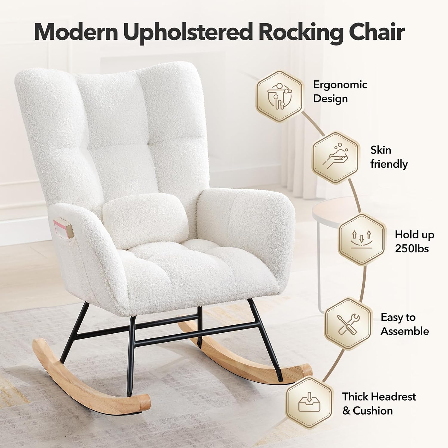 300lb Capacity Nursery Glider Rocker,Teddy Upholstered with Wood Legs for Living Room,Bedroom Nursery Includes Side Pockets