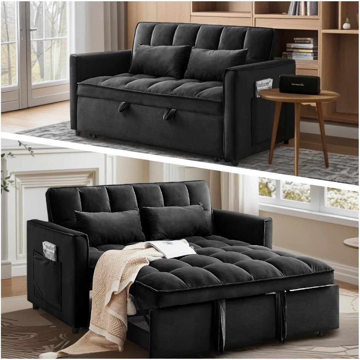 Convertible Sofa Bed, Pull Out Sofa Bed with Adjustable Backrest, 3 in 1 Velvet Fabric Loveseat Sleeper Sofa Bed Couch with Side Pockets for Living Room, Bedroom, Apartment, Black