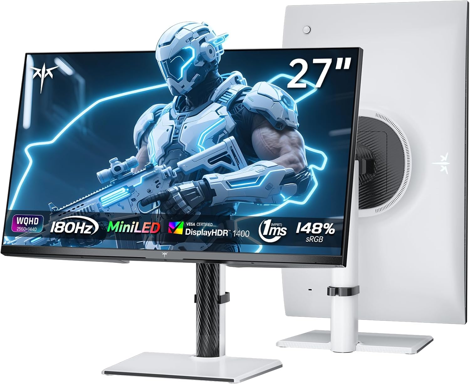 KTC Mini LED Monitor 27 Inch | Gaming Monitor | 2K@180Hz QHD (2560x1440P) | VESA Display HDR1400 | 1ms | FreeSync/G-Sync | 148% sRGB HDMIx2, DPx1 Vertical and Wall Mounting Support White(Renewed)