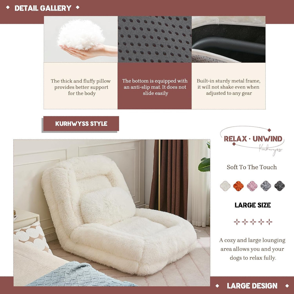 Upholstered Human Dog Bed for Adult & Pets, Convertible Lazy Sofa Bed with 5 Adjustable Position, Comfy Tatami Bean Bag Lounge Chair with a Soft Pillow for Bedroom Living Room (Beige Fluffy)