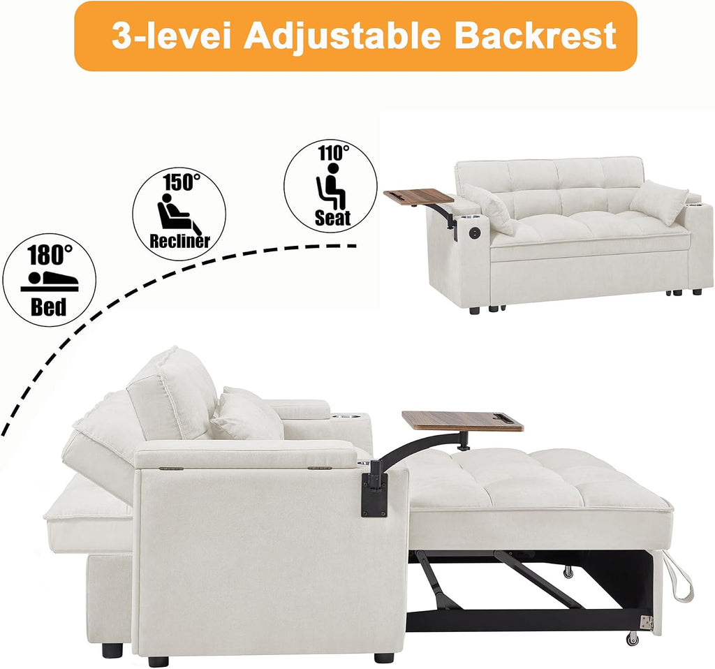 Auvsoce 65'' Convertible Sleeper Sofa Bed with Adjustable Backrest, Chaise Lounge, Side Table & USB/Type-C Ports – Stylish & Functional Addition to Any Living Room (White)