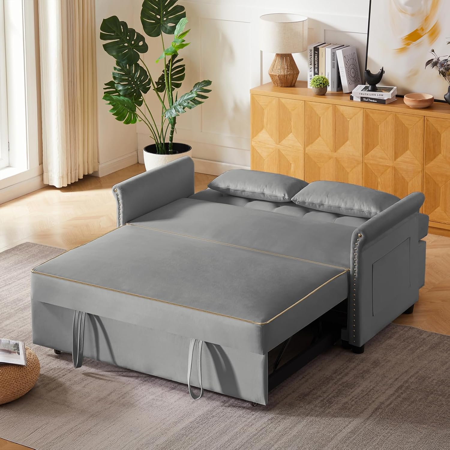 Auvsoce 57'' Convertible Sleeper Sofa Bed with Adjustable Backrest, Chaise Lounge, 2 Pillows & Side Storage Pockets – Stylish & Functional Furniture for Living Room or Small Spaces (Grey Sofa Bed)