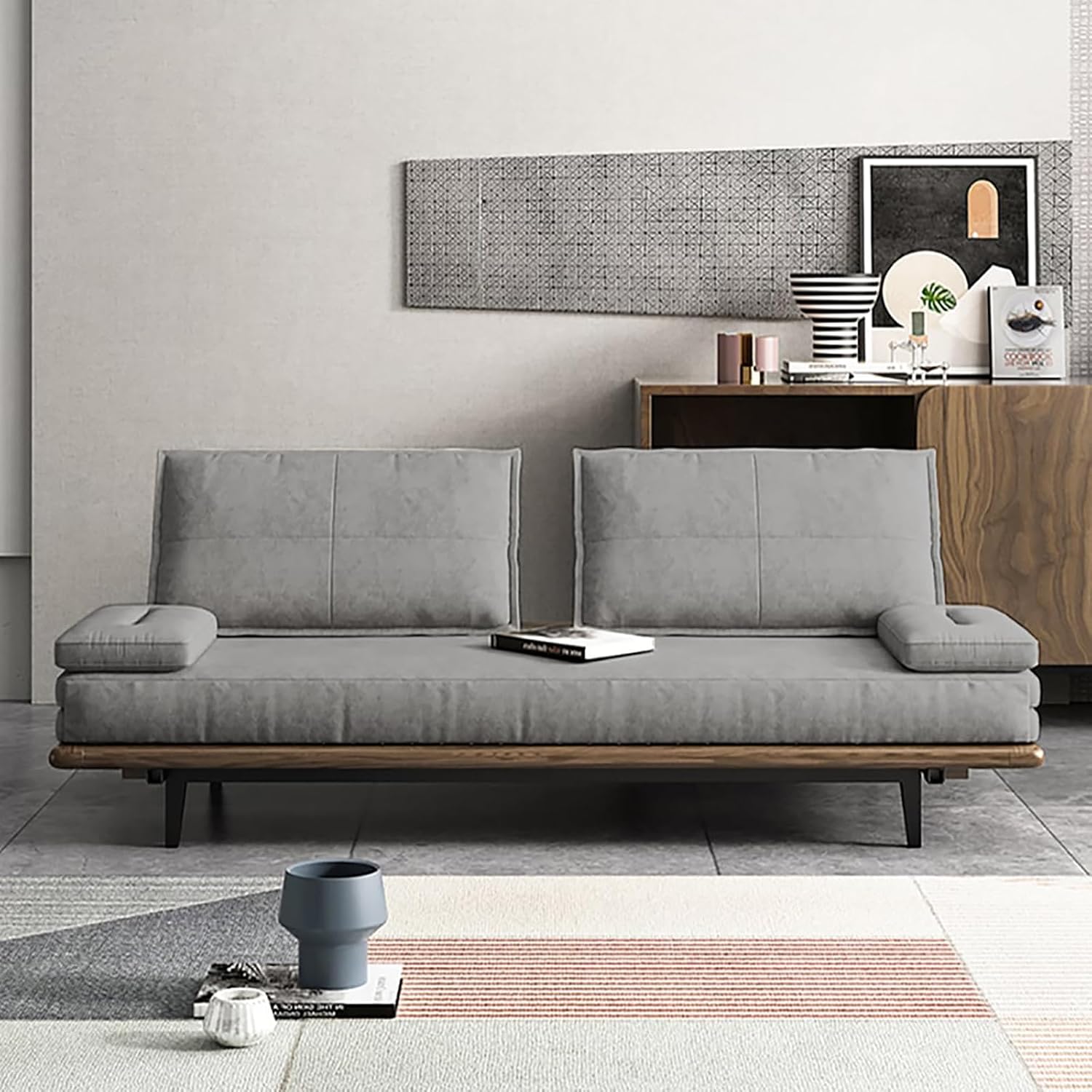 homary Modern Pull Out Sofa Bed Khaki Sleeper Sofa 78.7'' Mid Century Wood Convertible Sofa with Pull Out Bed Cotton & Linen (Gray)
