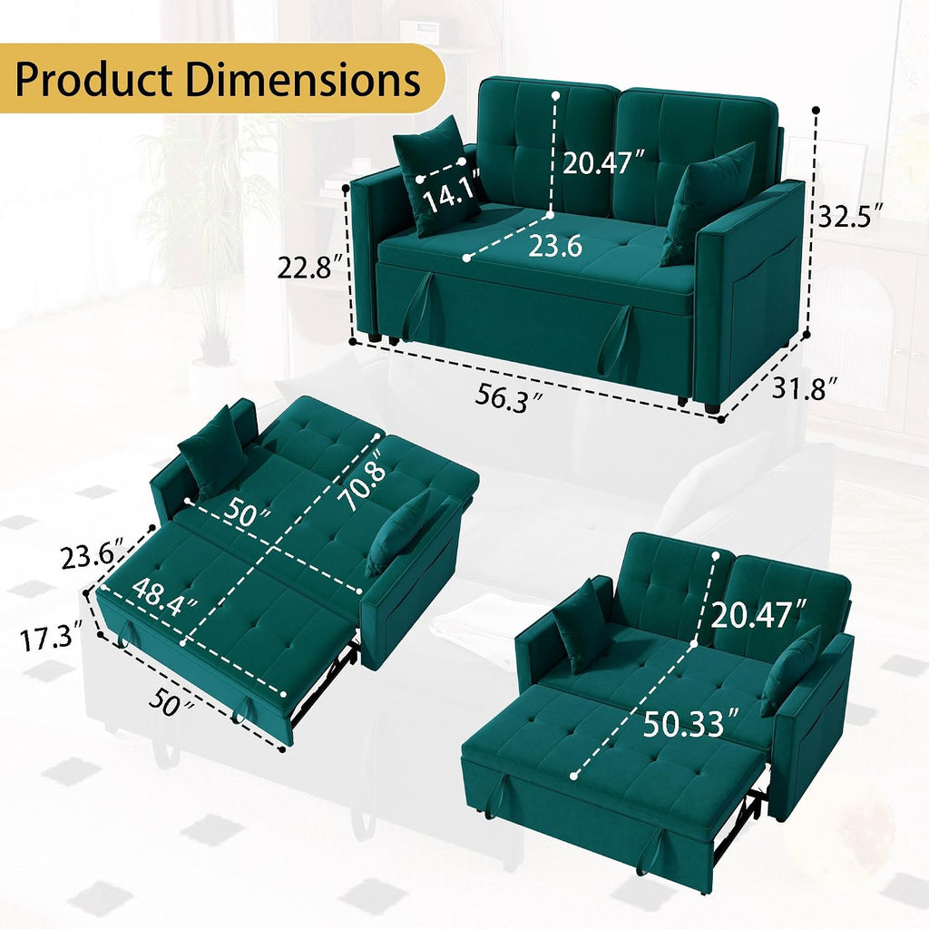 Green Convertible Sofa Bed: 3 in 1 Sleeper Sofa Couch Bed, Pull Out Couch with Adjustable Backrest, Velvet Convertible Loveseat Sleeper, for Living Room (Green)