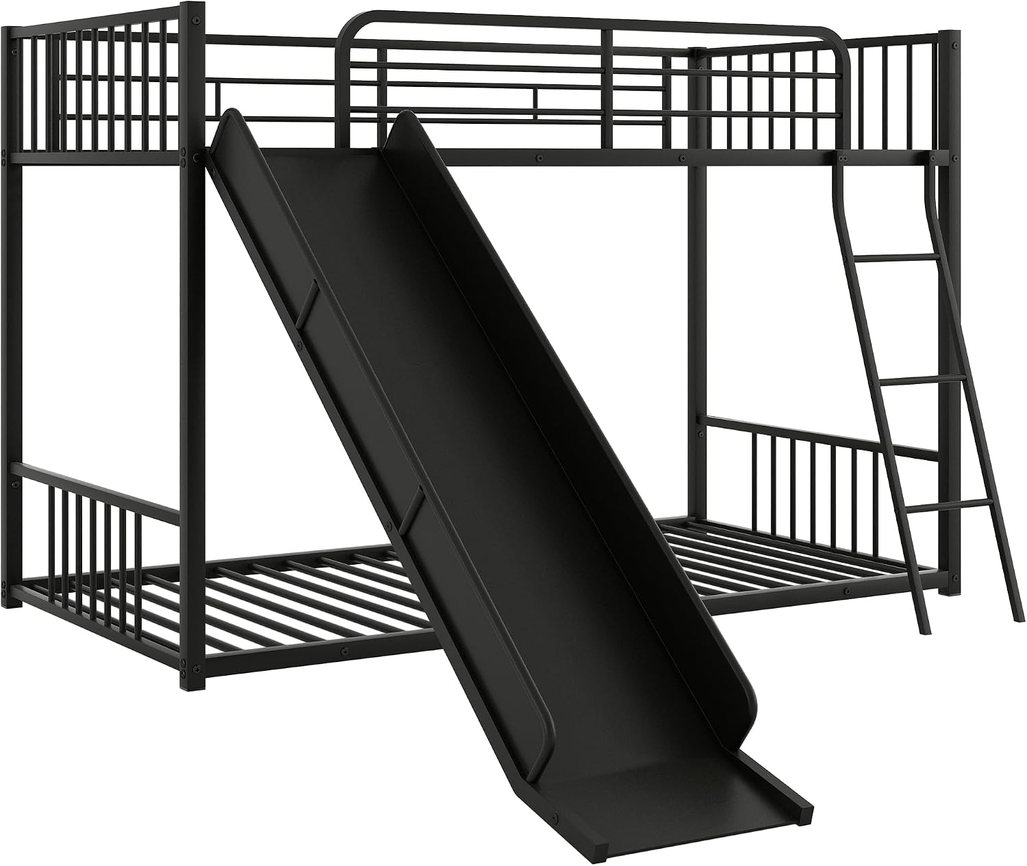 Harper & Bright Designs Twin Size Kids Low Bunk Bed with Slide and Ladder, Twin Metal Floor Bunk Bed Frame for Kids Teens, No Box Spring Needed (Black)