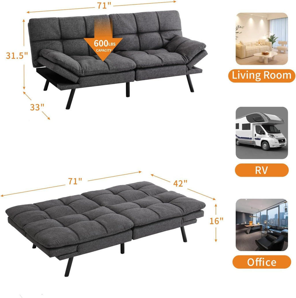 MUUEGM 71-Inch Convertible Futon Sofa Bed with Adjustable Backrest & Removable Armrests, Foldable Sleeper Loveseat for Small Space Living Room, Studio Apartment, Home Office，Deep Gray