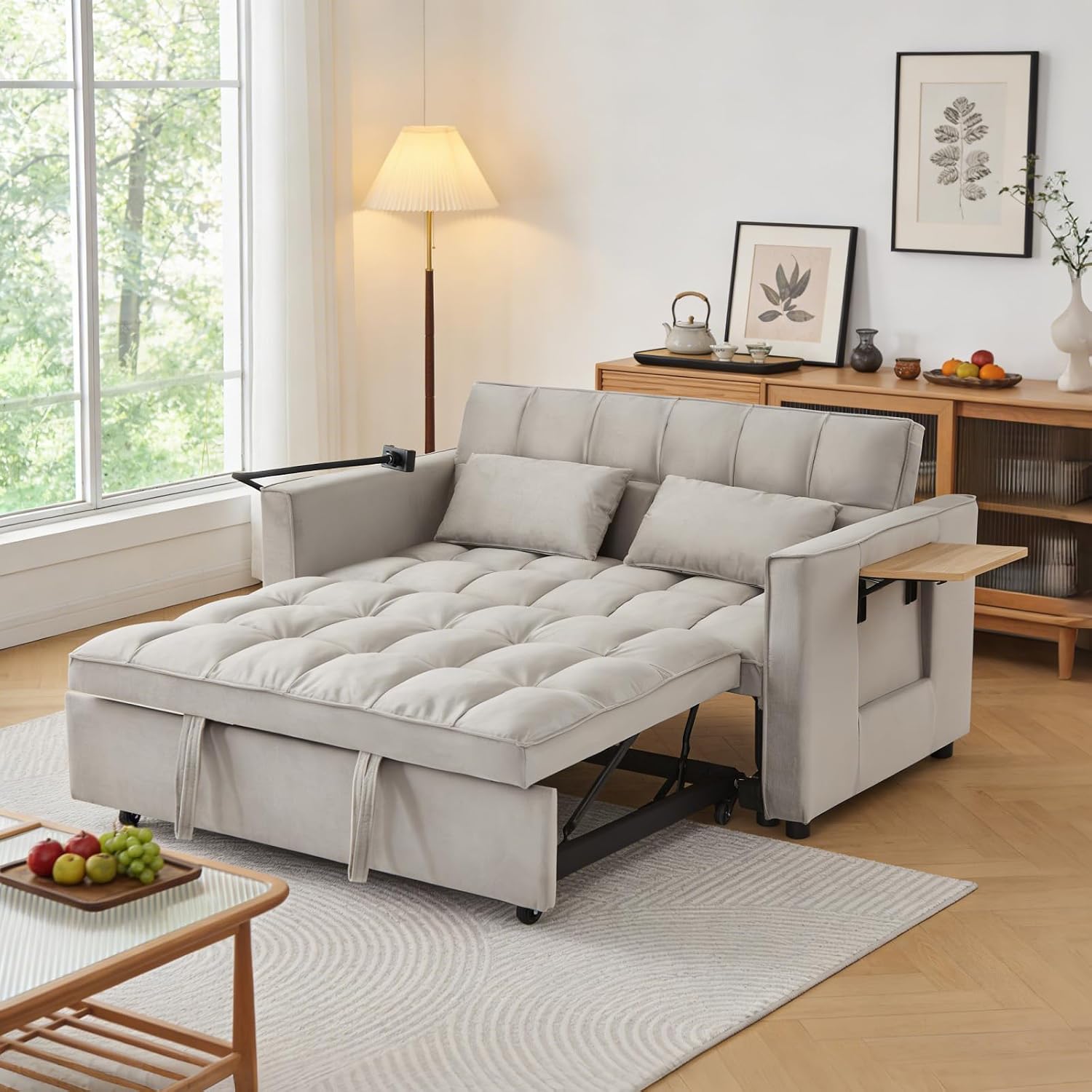Convertible Velvet Sofa Bed with Pull-Out Bed & Side Storage Pockets, Modern Sleeper Sofa for Living Room, Apartment, Small Spaces, and Bedroom (Grey-3)