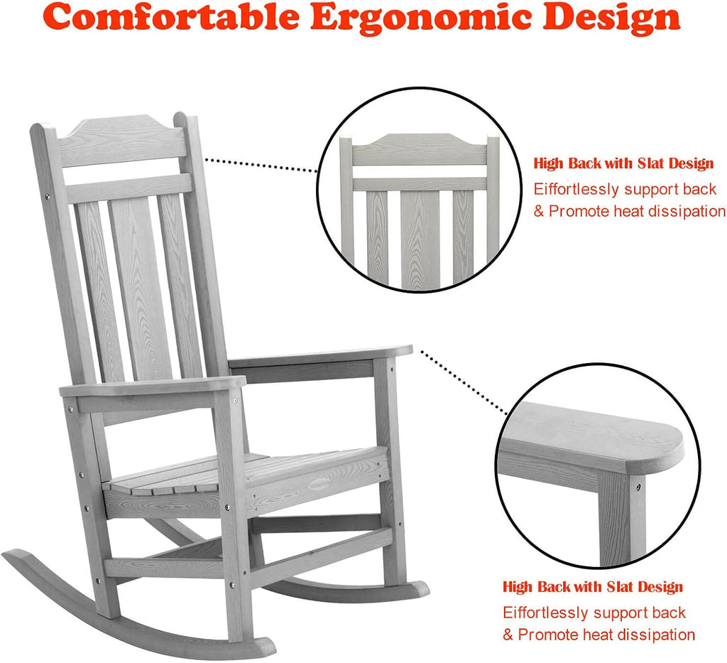 hOmeHua Rocking Chair, All-Weather Oversized Outdoor Indoor Chairs, Patio Fade-Resistant Porch Rocker Chair, Durable Smooth Rocking, Comfortable Easy to Assemble, Low Maintain (Gray)