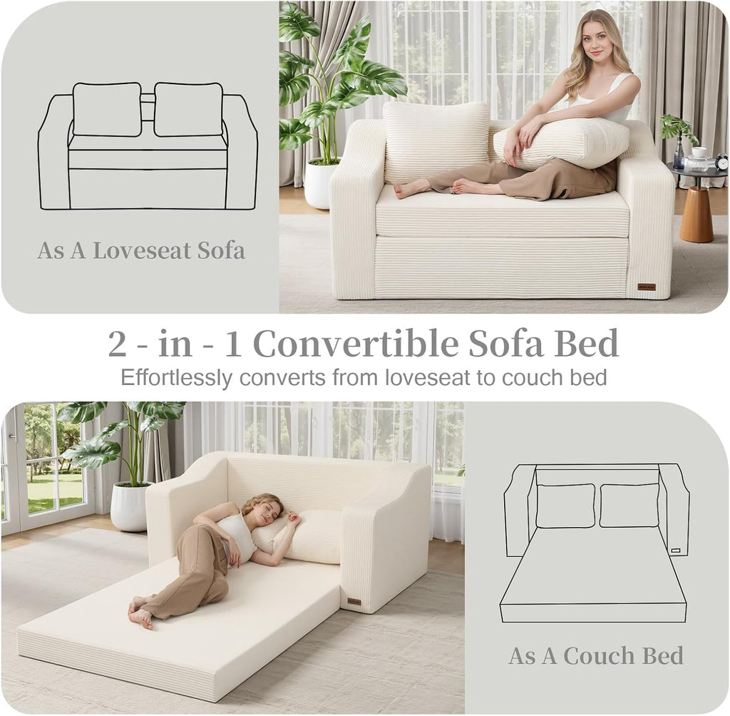MeMoreCool Convertible Sofa Bed, Pull Out Loveseat Sofa Sleeper Couch for Bedroom Living Room Lounge, 2 in 1 Small Couch Bed with Pillow, Foldable Love Seat Futon Corduroy Beige