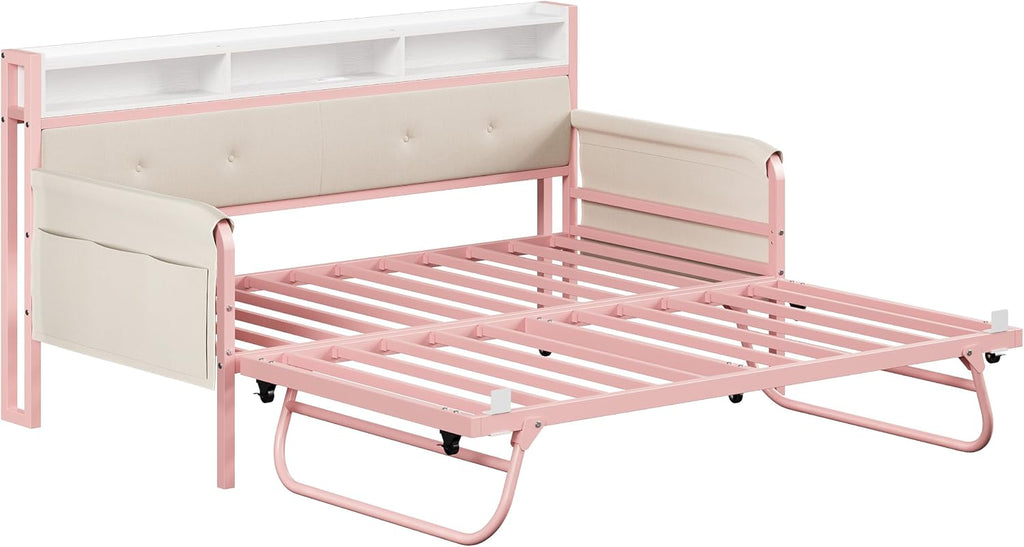 LIKIMIO Daybed with Trundle, Twin Bed Frame with Upholstered Headboard and Charging Station, Sofa Day Bed with Strong Supports for Living Room, Bedroom and Guest Room, Pink