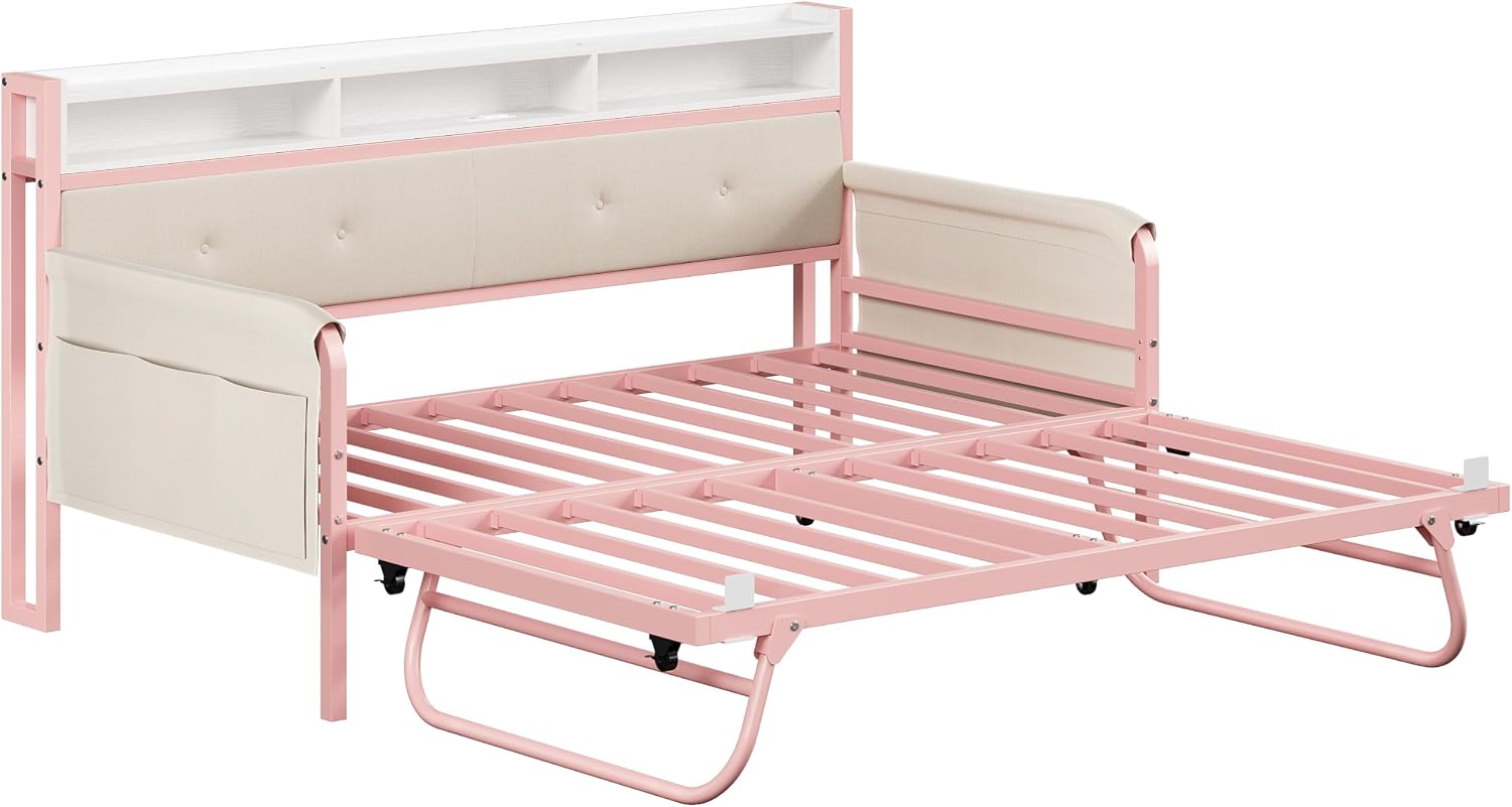 LIKIMIO Daybed with Trundle, Twin Bed Frame with Upholstered Headboard and Charging Station, Sofa Day Bed with Strong Supports for Living Room, Bedroom and Guest Room, Pink