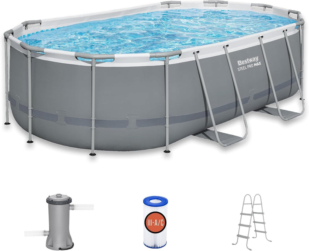 Bestway Steel Pro MAX 14' x 8'2' x 39.5' Oval Above Ground Swimming Pool Set, 530 GPH Filter Pump, Ladder, Tritech Puncture Resistant Liner, ClickConnect Steel Frame, Gray