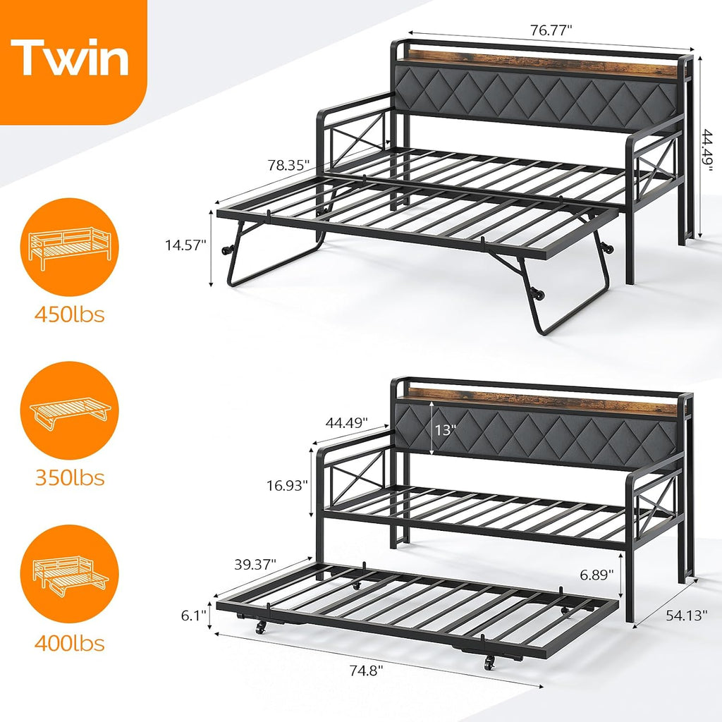 VINGLI Twin Daybed with Pop-up Trundle Bed, Day Bed with LED Light & Charing Station, Upholstered Bed Frame with Storage Headboard and Heavy Duty Metal Slats, Living Room, Bedroom, Guest Room, Gray