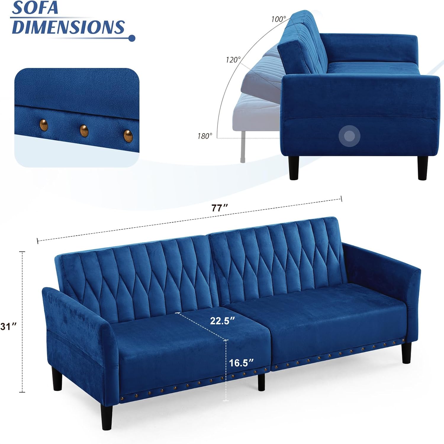 77' Velvet Sofa Bed with Adjustable Armrests and Backrests,Tufted Convertible Futon Couch with Nailhead Trim, Loveseat Modern Velvet Sleeper Sofa for Living Room,Bedroom,Office,Blue