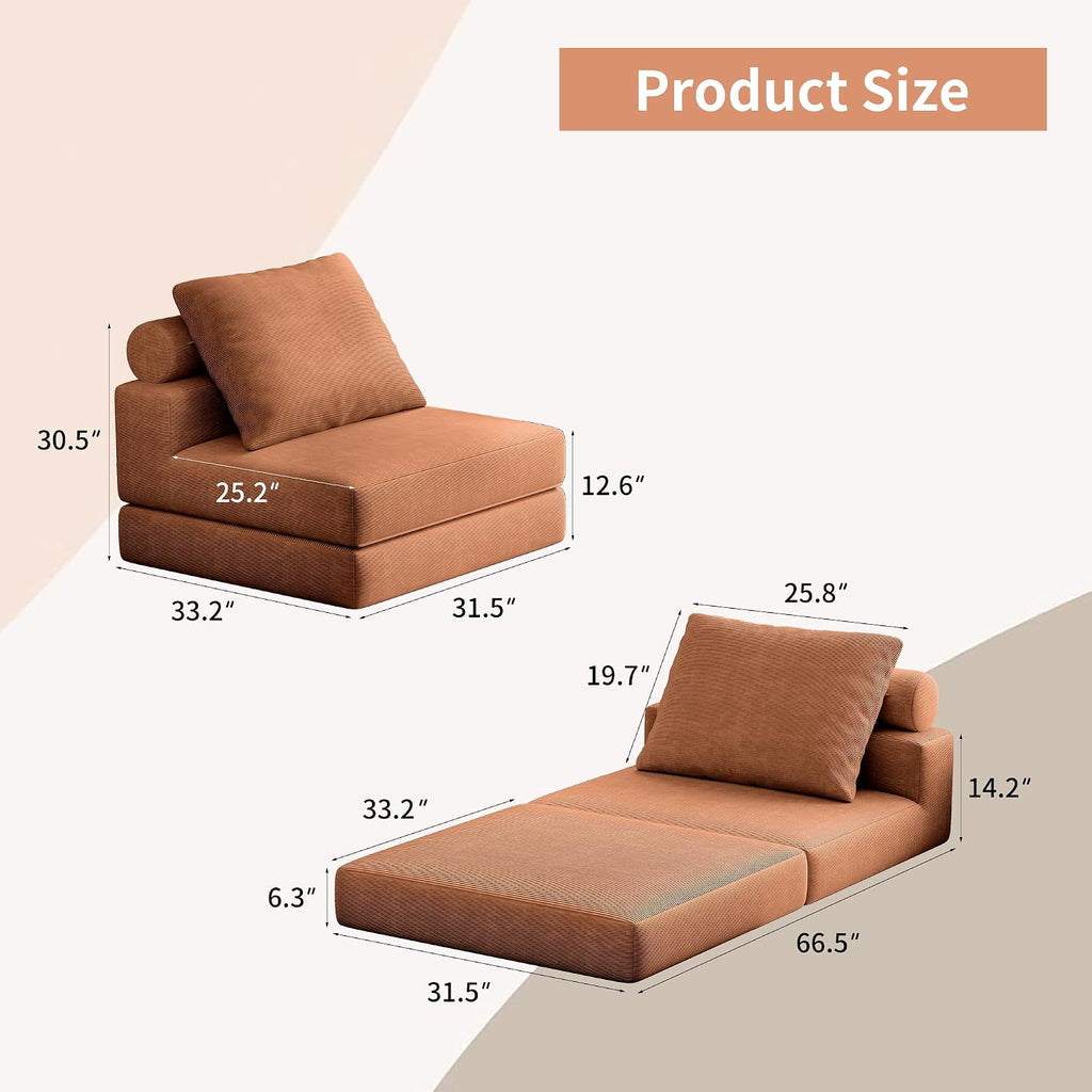 Folding Sofa Bed, 3-in-1 Convertible Sleeper Chair Bed with Pillows, Foldable Floor Couch with High-Density Foam, Futon Small Boneless Couch for Living Room Bedroom Lounge, Single, Brown