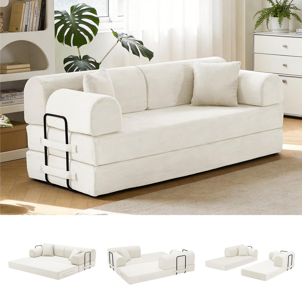 79'' Convertible Sofa Bed, 6 in 1 Folding Floor Futon Couch Sleeper with Fixed Frame, Corduroy Modular Sofa Bed with Removable Armrests & Pillows, No Assembly for Living Room Bedroom (Beige White)