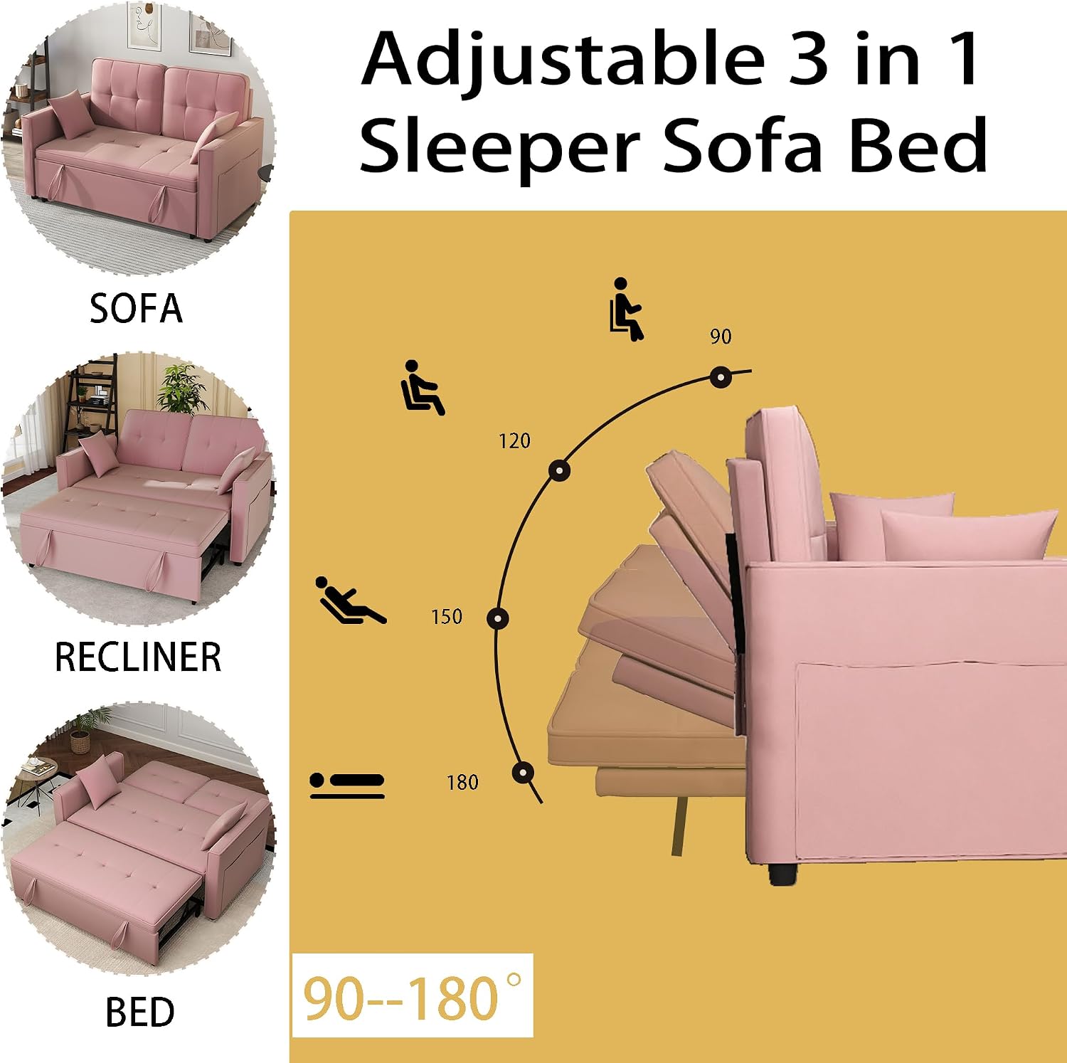 Pink Convertible Sofa Bed: 3 in 1 Sleeper Sofa Couch Bed, Pull Out Couch with Adjustable Backrest, Velvet Convertible Loveseat Sleeper, for Living Room, for Living Room(Pink)