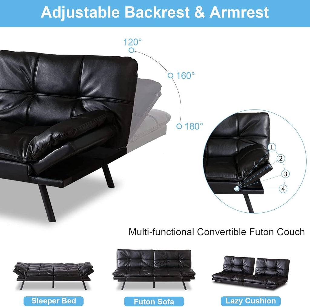 Black Faux Leather Futon Convertible Couch Bed Folding Memory Foam Sleeper Loveseat Adjustable Lounge Futon Sets Sofabed for Living Room,Apartment,Dorm,Office