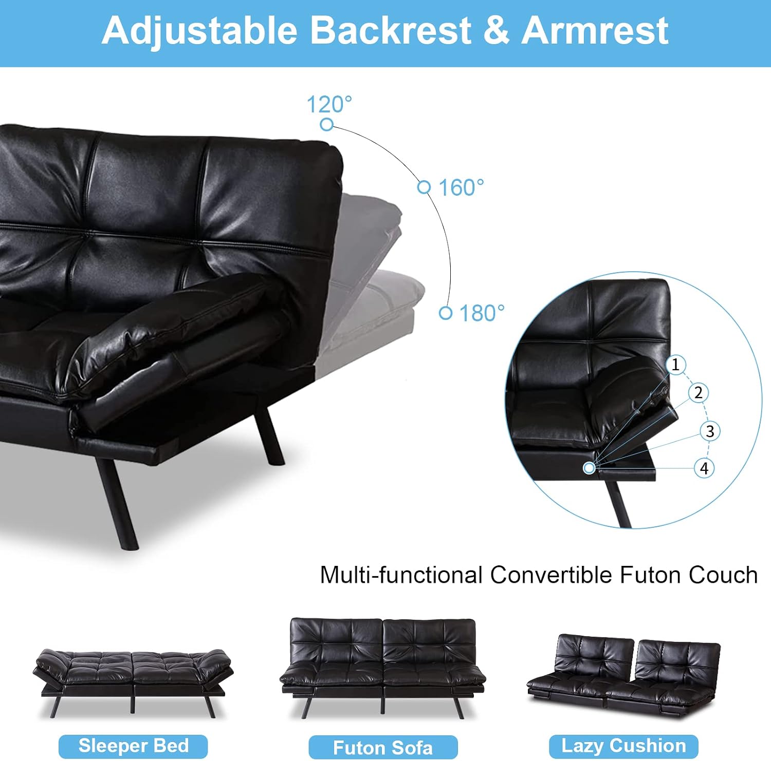 Black Faux Leather Futon Convertible Couch Bed Folding Memory Foam Sleeper Loveseat Adjustable Lounge Futon Sets Sofabed for Living Room,Apartment,Dorm,Office