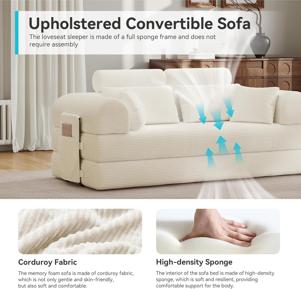 Upgraded 79' High Backrest Sofa Bed with Fixed Frame, Corduroy Fabric Convertible Couch for Small Spaces, Removable Armrests & Backrest, No Assembly Required (Beige White)