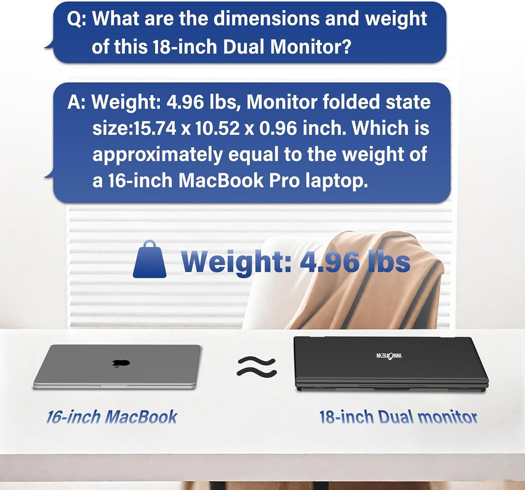 InnoView Dual Portable Monitor 18' 2560x1600P 100Hz 2K 100% DCI-P3 - Foldable & Stackable Design with 315° Screen Adjustment & 180° Stand | DP/USB-C/HDMI, Second Monitor for Laptop, Mac, Windows