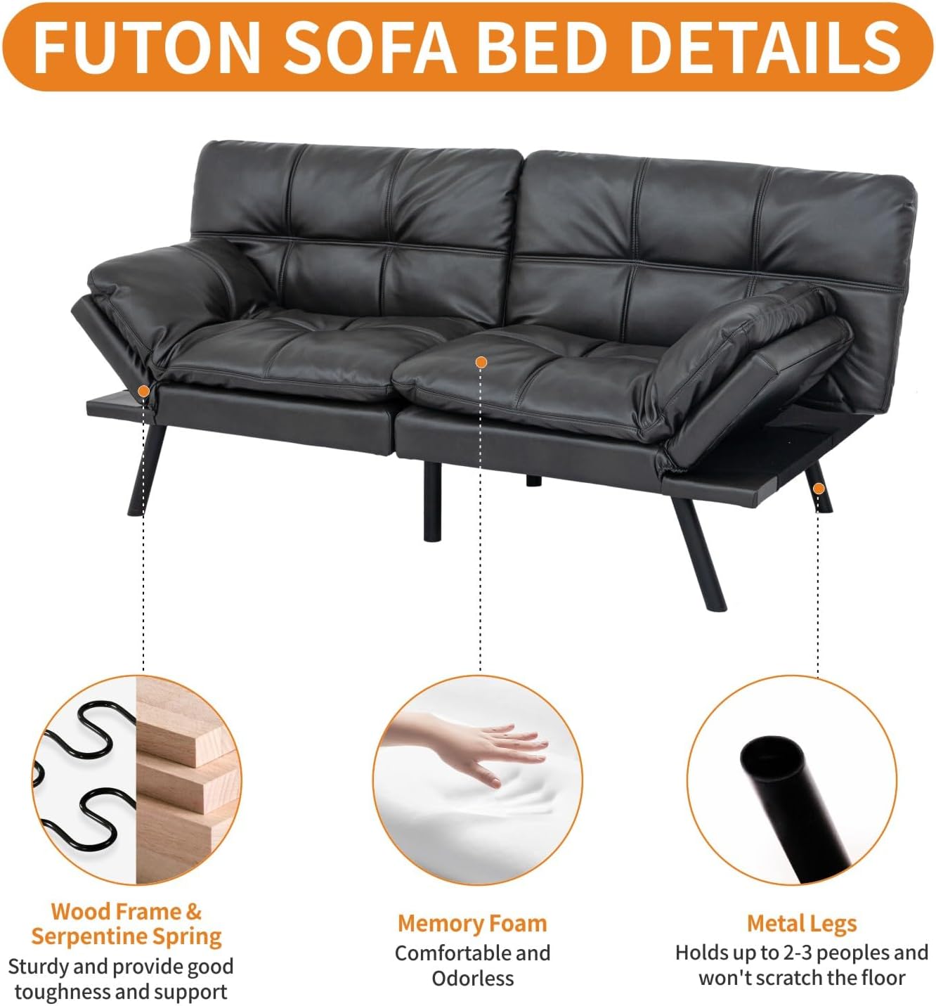 MUUEGM 71-Inch Convertible Futon Sofa Bed with Adjustable Backrest & Removable Armrests, Foldable Sleeper Loveseat for Small Space Living Room, Studio Apartment, Home Office，Matte Black