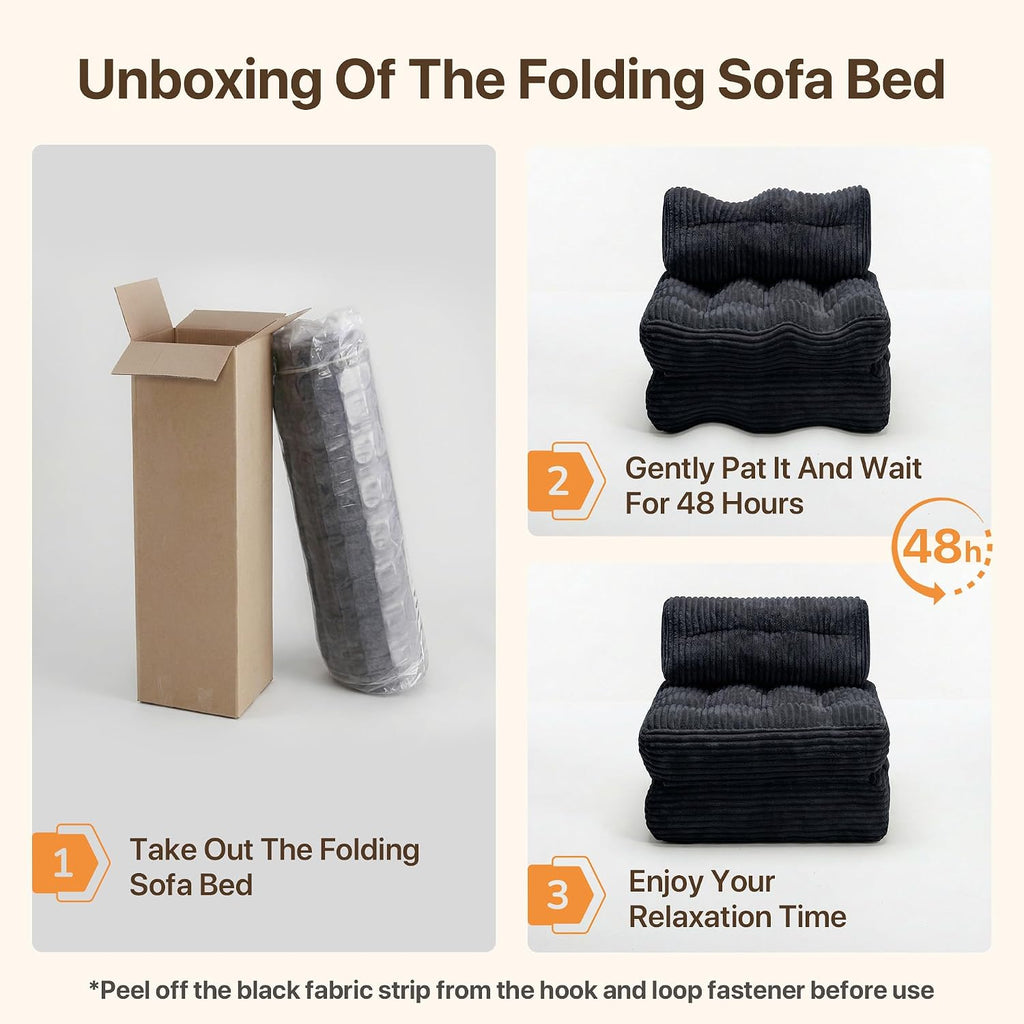 Claiks Folding Sofa Bed, Boneless Chair with Pillow Sleeper Sofa with Back Support, Sleeper Chair Portable Fold Out Chair Bed Comfy Foldable Mattress for Living Room, Black, Single
