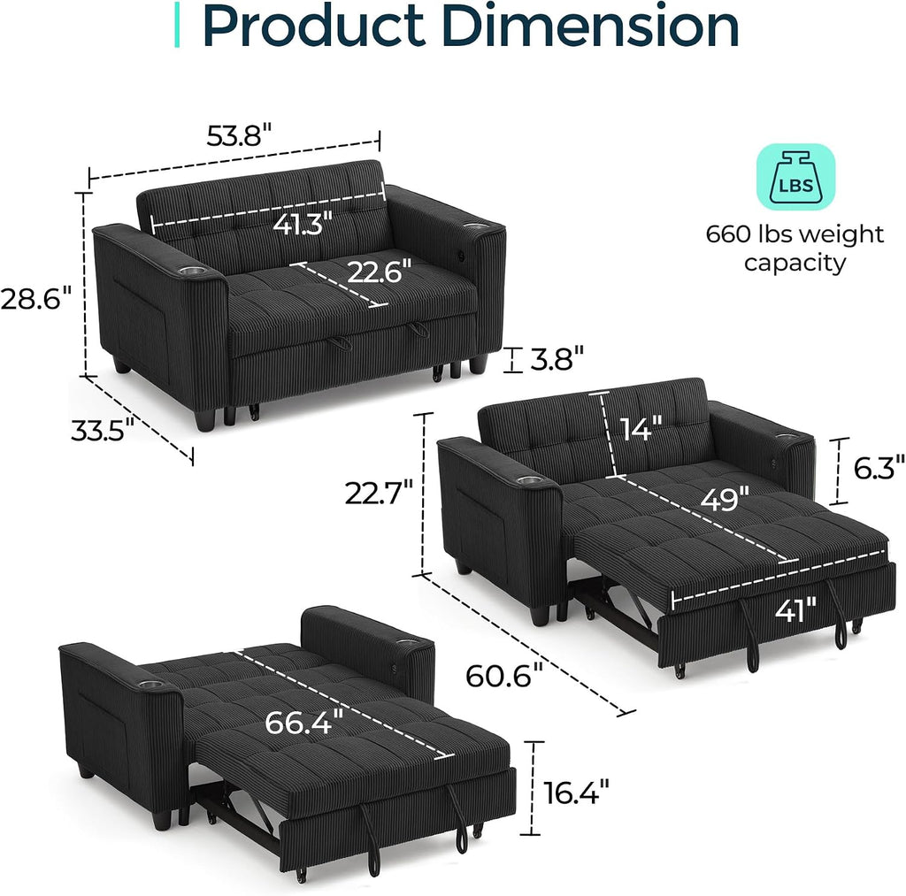 LINSY Sleeper Sofa Bed, 54' Pull Out Couch with Charging Station & Cup Holder, Small 3 in 1 Convertible Loveseat Sleeper Couch for Apartment, Dorm Room, Bedroom and Small Space, Corduroy Black