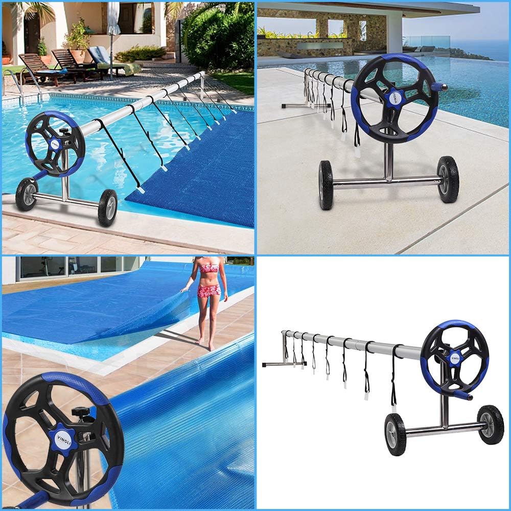 VINGLI Pool Cover Set 18 FT Solar Cover for Inground/Outdoor Swimming Pool, Well Made Aluminum Blanket Reel, Solar Cover Roller Blue